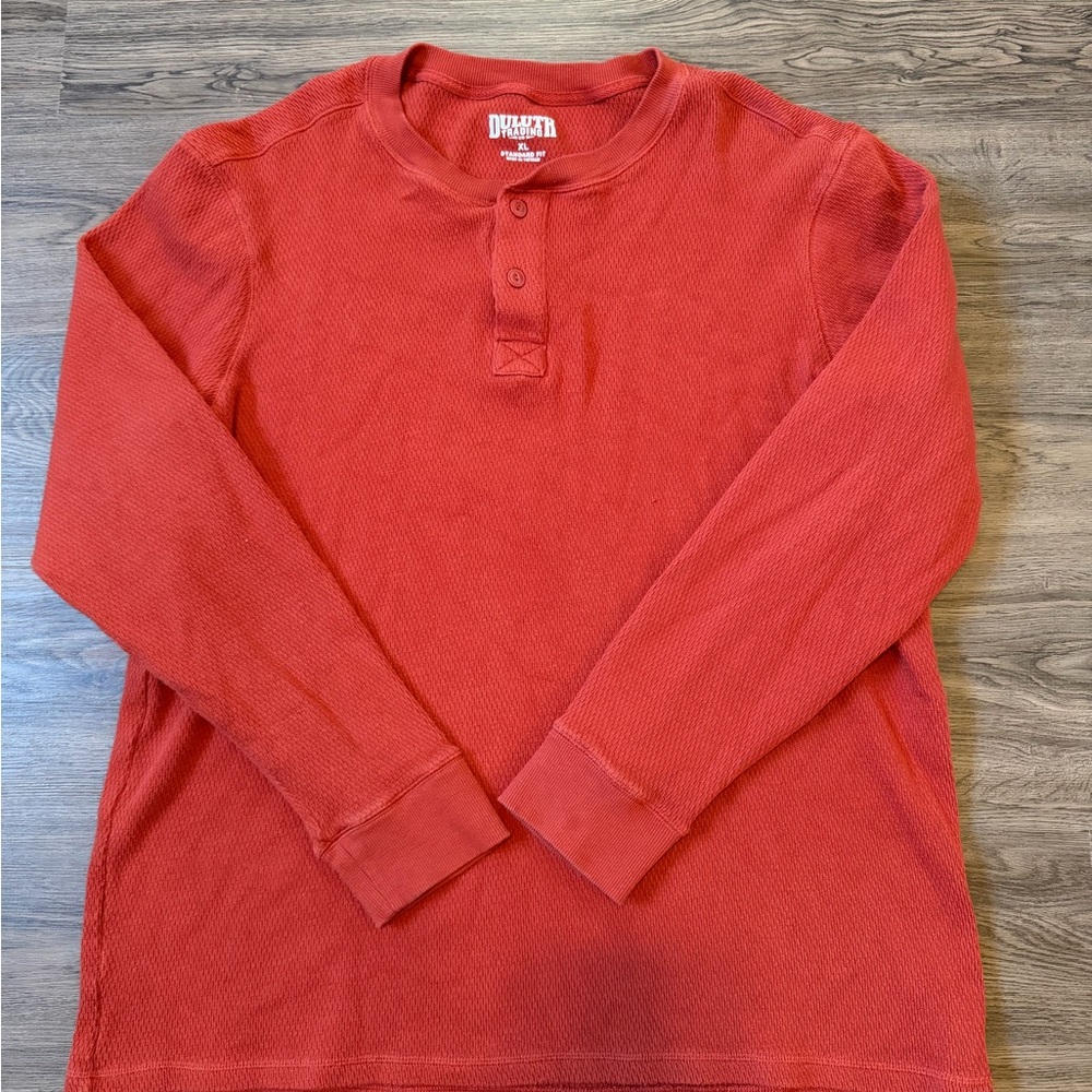 Duluth Trading Mens Large Thermal Henley Orange Rust Waffle Knit Long Sleeve